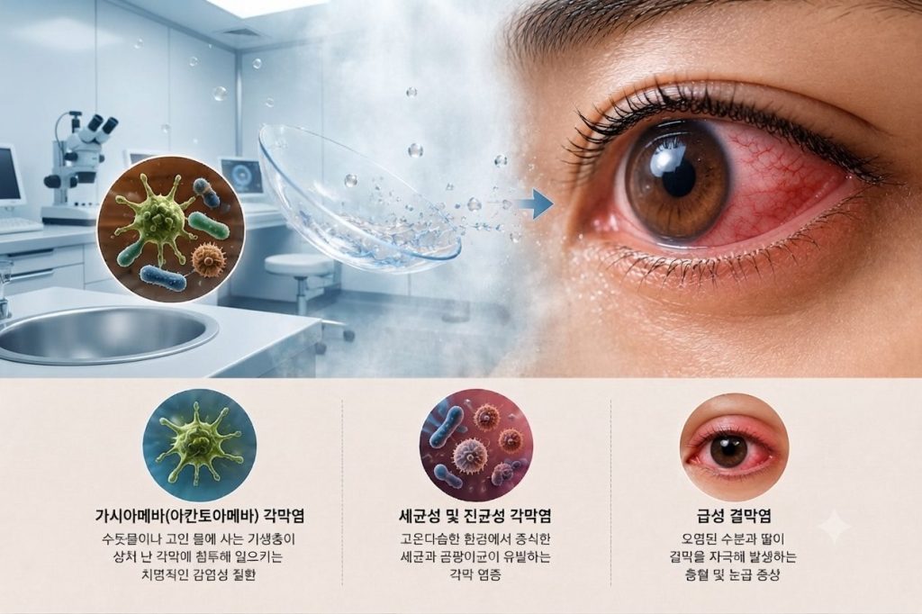 수증기와 물이 렌즈에 닿을 때 발생하는 합병증