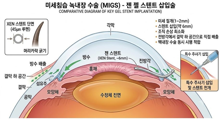 성모진안과 녹내장 젠 스텐트 수술 모식도