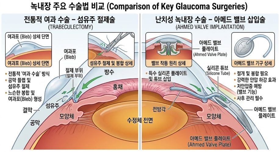 강남안과 녹내장 수술 기전 비교 모식도