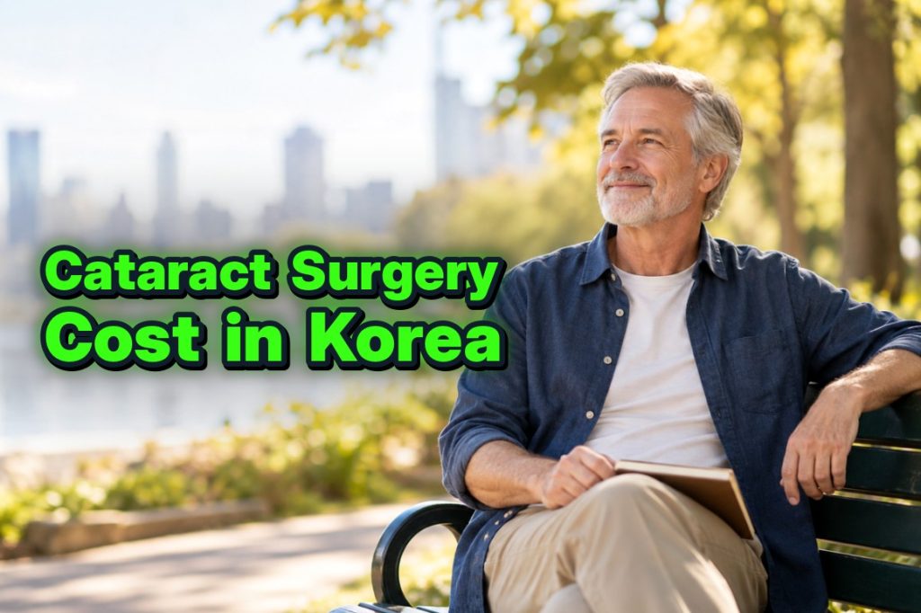 Cataract surgery cost in Korea — a smiling man in his sixties relaxing on a park bench with a notebook