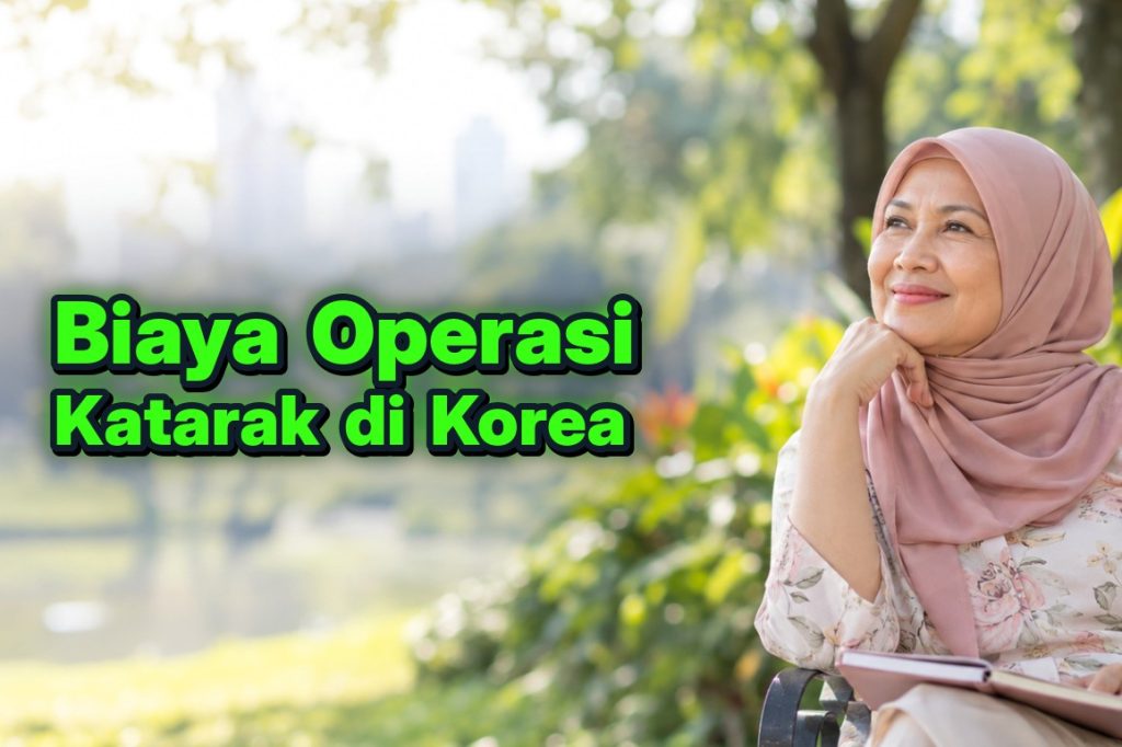 Biaya operasi katarak di Korea — wanita berusia 60-an berhijab bersantai di bangku taman dengan buku catatan