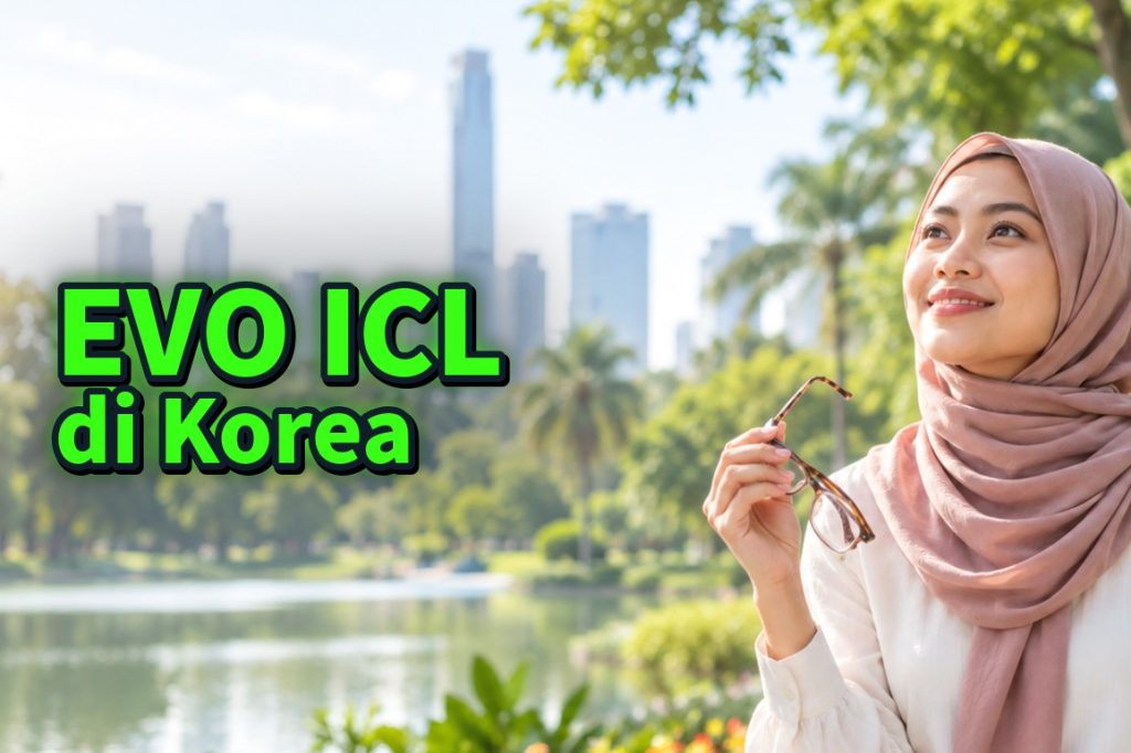 Wanita Indonesia berhijab melepas kacamata di taman Jakarta - EVO ICL di Korea