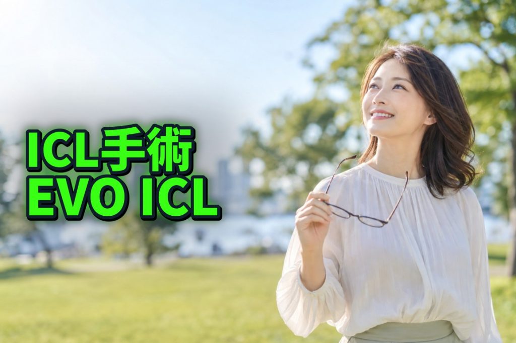 眼鏡を外して東京の公園で遠くを見つめる日本人女性 - ICL手術 EVO ICL