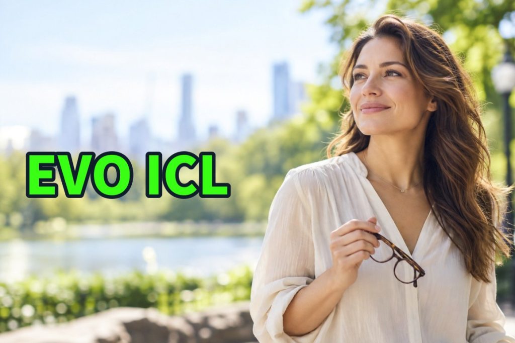 EVO ICL in Korea — a woman in her 30s holding her glasses and looking into the distance in a sunny city park