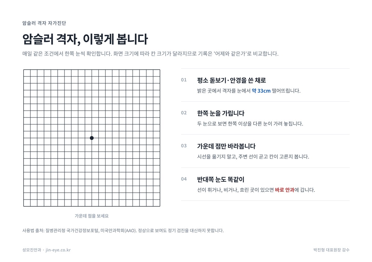 황반변성 자가진단 암슬러 격자 사용법 — 안경 착용, 약 33cm, 한쪽 눈 가리기, 가운데 점 보기