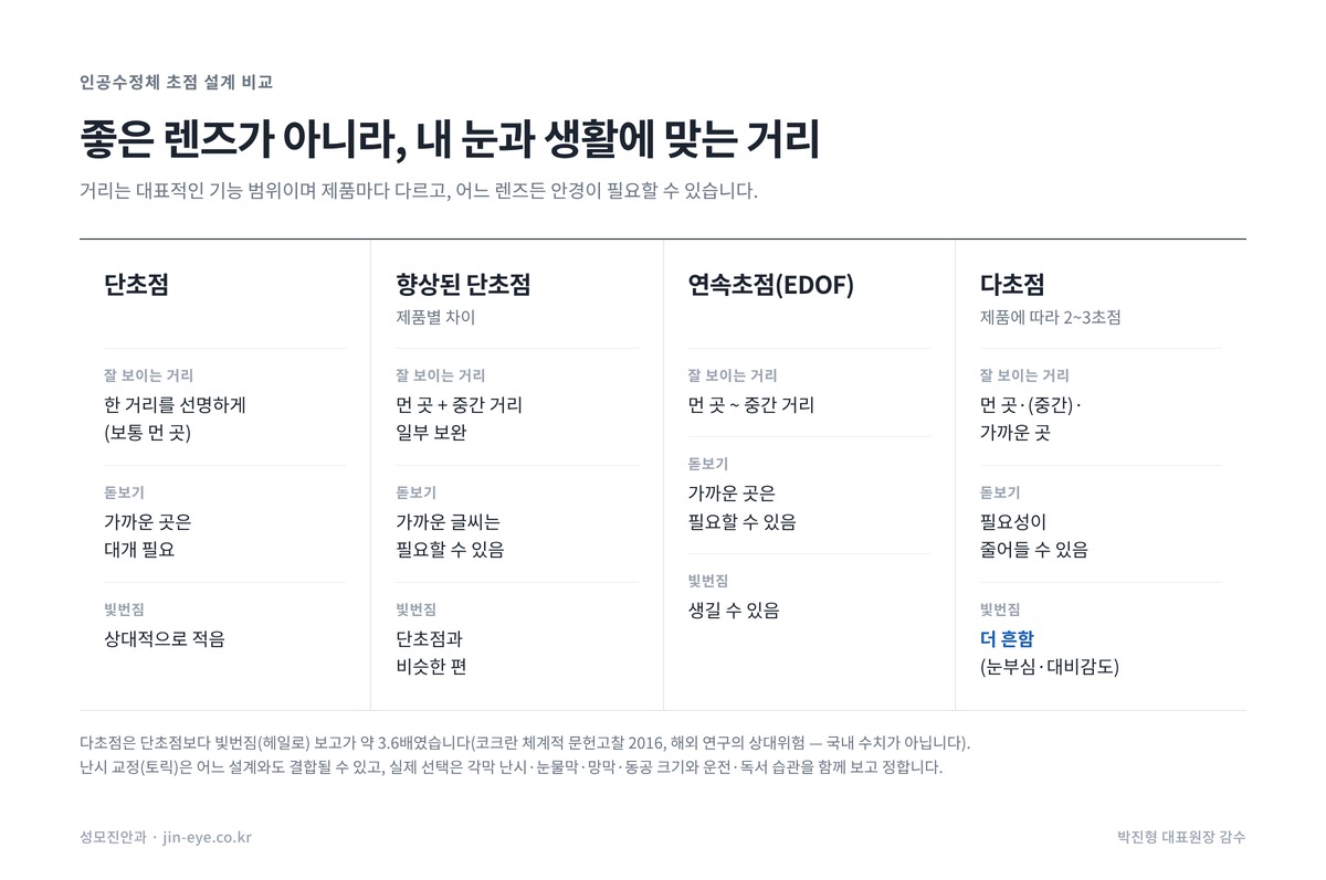 백내장 인공수정체 종류 비교 — 단초점, 향상된 단초점, 연속초점, 다초점의 잘 보이는 거리와 돋보기 필요성, 빛번짐
