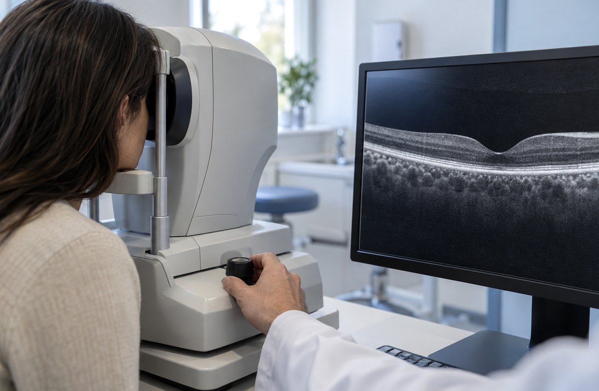 Retinal OCT examination before cataract surgery with a macular cross-section scan on the monitor