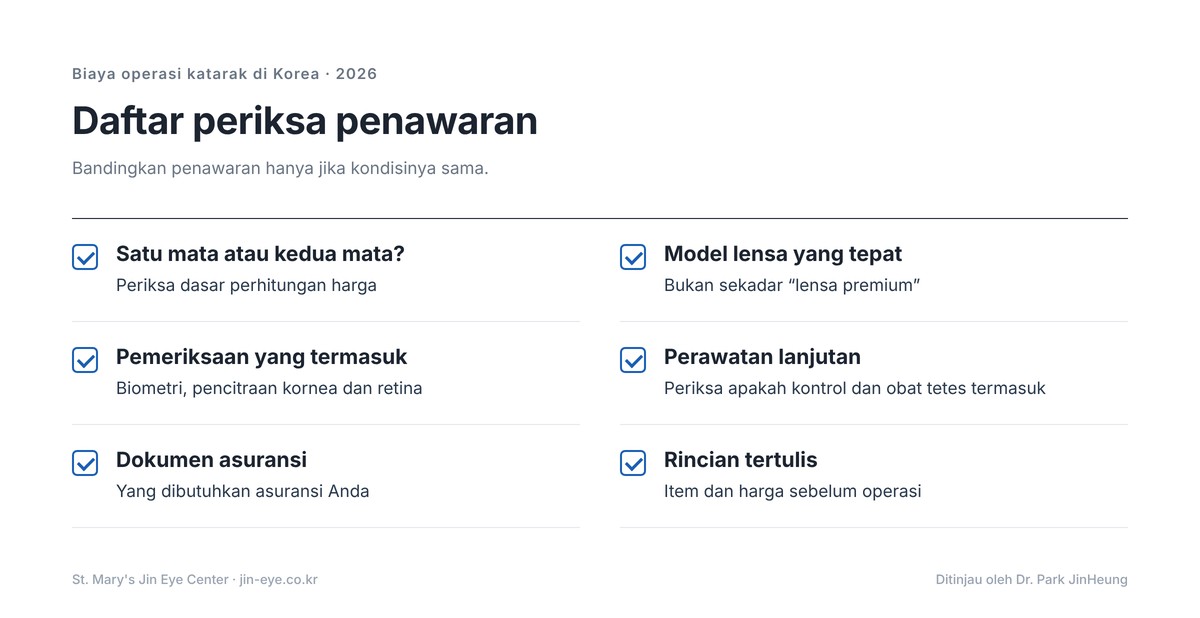Biaya operasi katarak di Korea — daftar periksa penawaran: satu atau kedua mata, model lensa, pemeriksaan yang termasuk, kunjungan kontrol, dokumen asuransi dan rincian tertulis