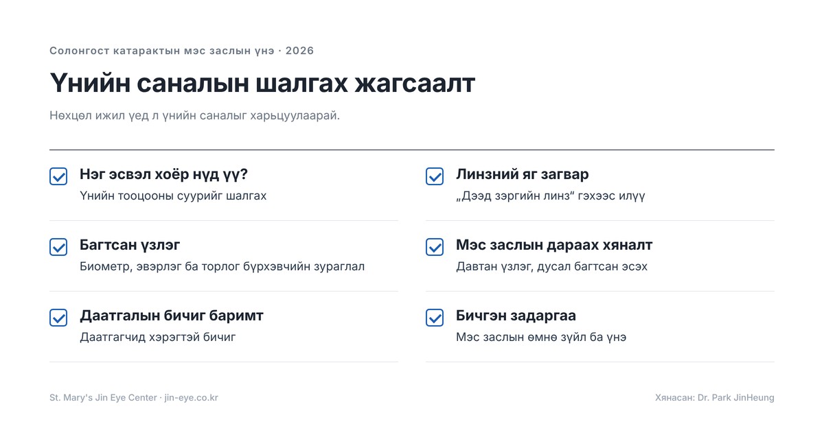 Солонгост катарактын мэс заслын үнэ — үнийн саналын шалгах жагсаалт: нэг эсвэл хоёр нүд, линзний загвар, багтсан үзлэг, давтан үзлэг, даатгалын бичиг баримт, бичгэн задаргаа