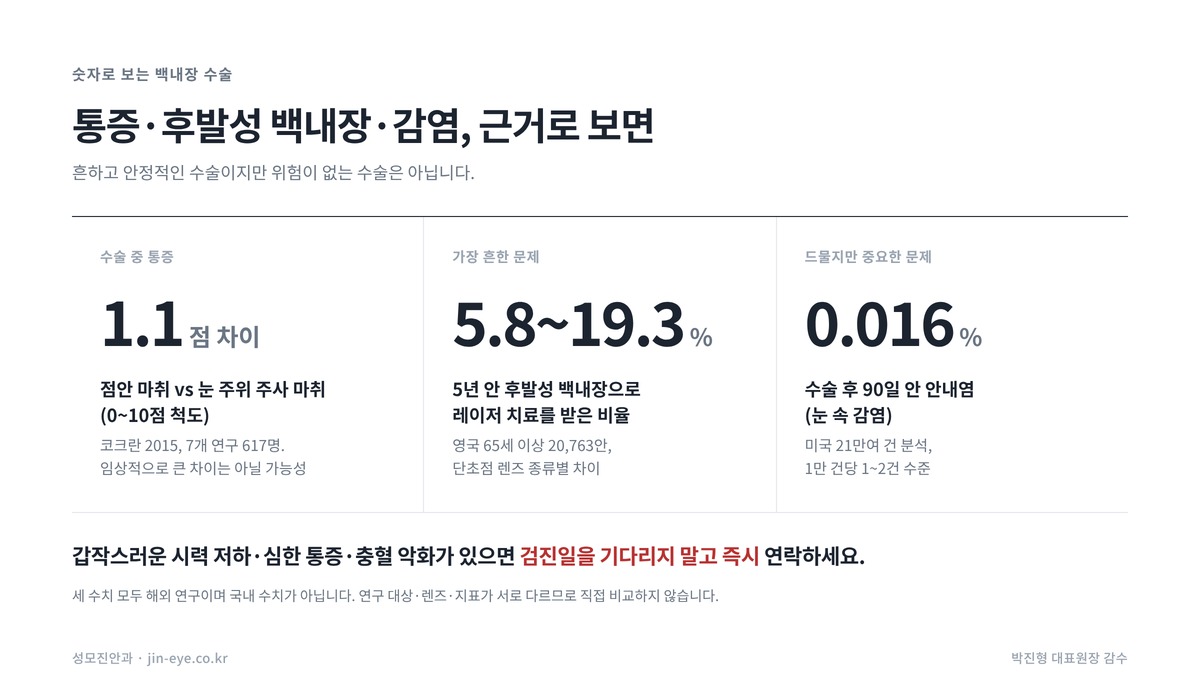 백내장 수술 근거 수치 — 마취 방법별 통증 차이 1.1점, 5년 후발성 백내장 레이저 치료 5.8~19.3%, 안내염 0.016%
