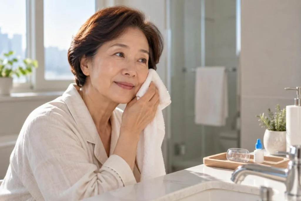 백내장 수술 후 일주일 — 눈에 물이 닿지 않게 조심스럽게 세안하는 모습