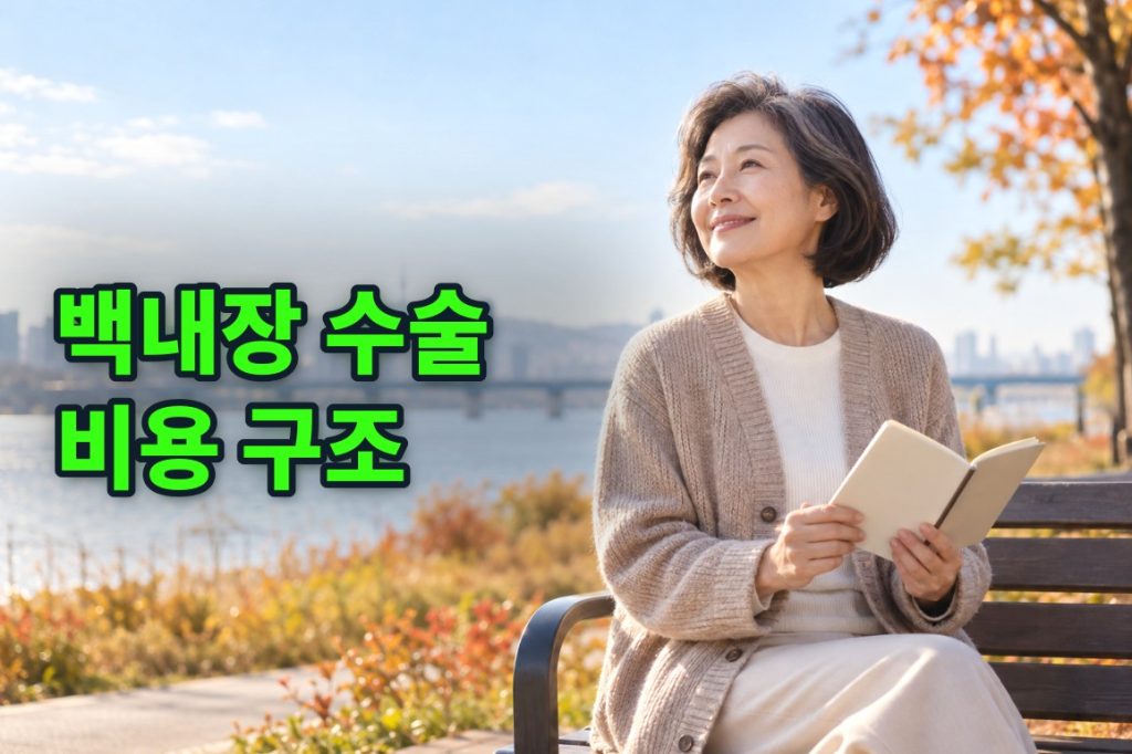 강남 백내장 수술 비용 구조 — 한강공원 벤치에서 안경 없이 먼 풍경을 바라보며 미소 짓는 60대 한국인 여성