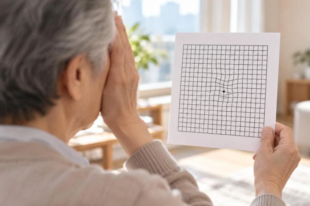 황반변성 초기증상 자가진단 — 한쪽 눈을 가리고 암슬러 격자를 보는 모습, 중심부 선이 휘어 보임