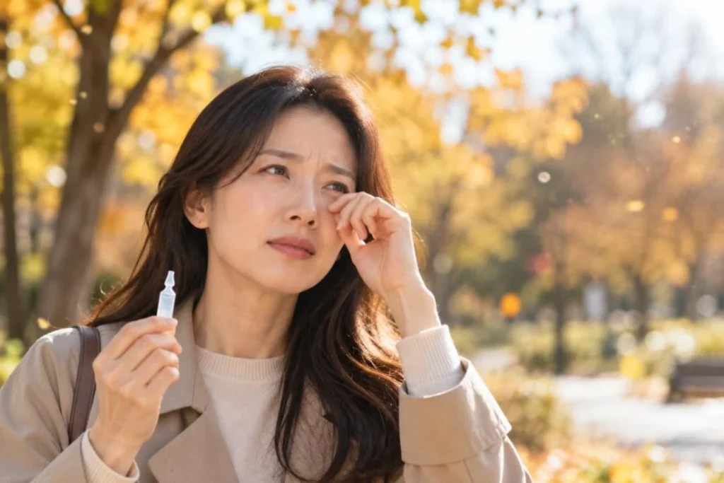 환절기 눈 가려움 — 눈을 비비고 싶을 때 인공눈물을 든 모습