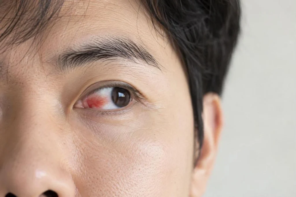 결막하출혈 — 흰자에 생긴 붉은 출혈 반점 실사 이미지